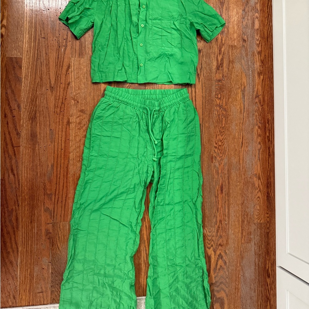 Bright Green Two-Piece Button Crop Top & Wide Leg Pant Set